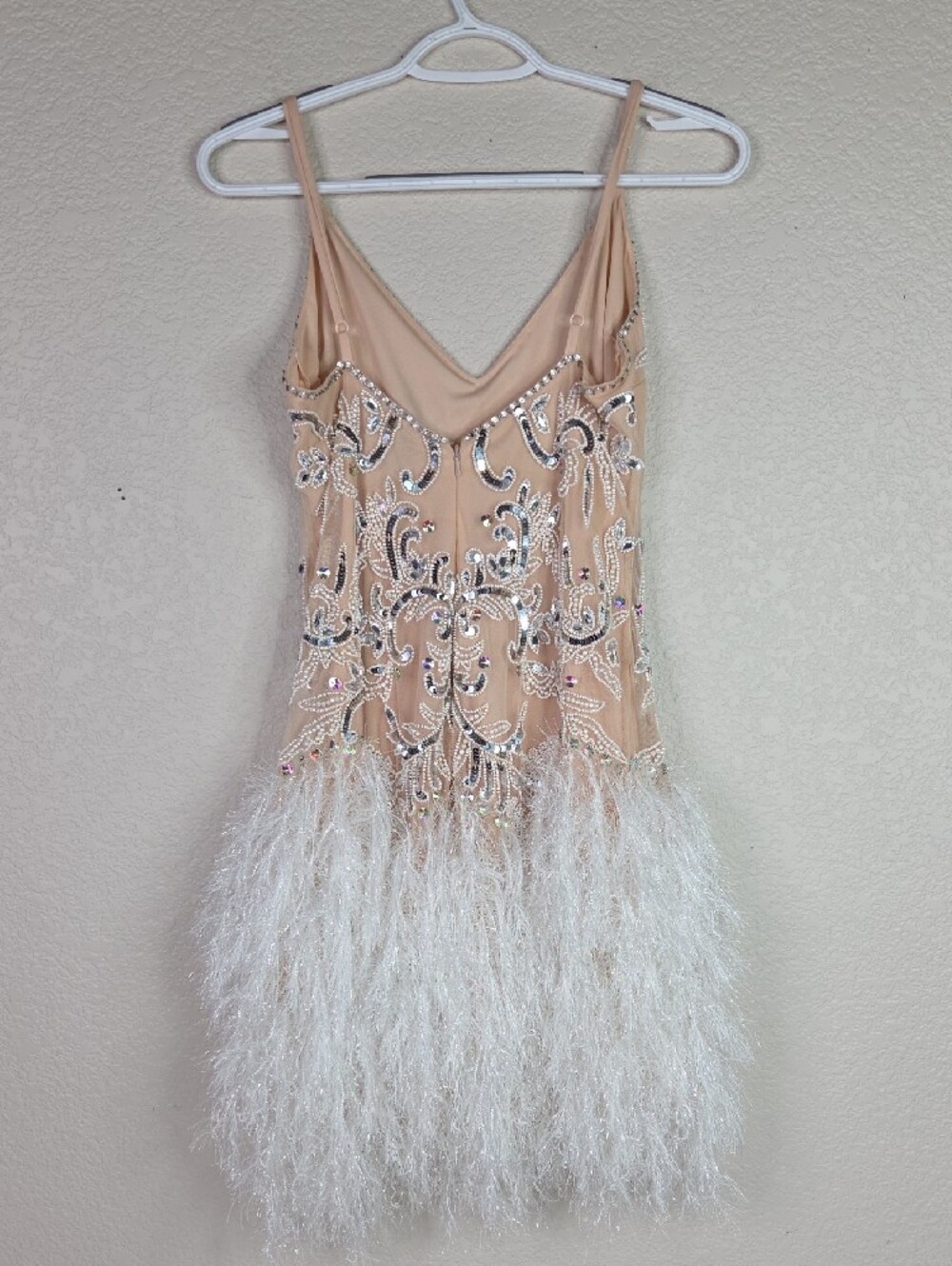 Beaded Feather Hem Nude Cocktail Dress - Picture 3 of 7